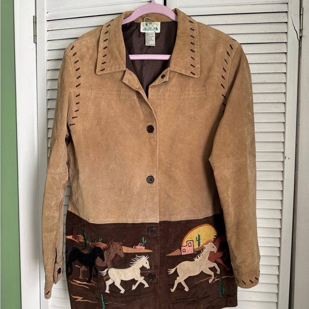 Vintage Tan and Brown Leather Jacket with Horse Design